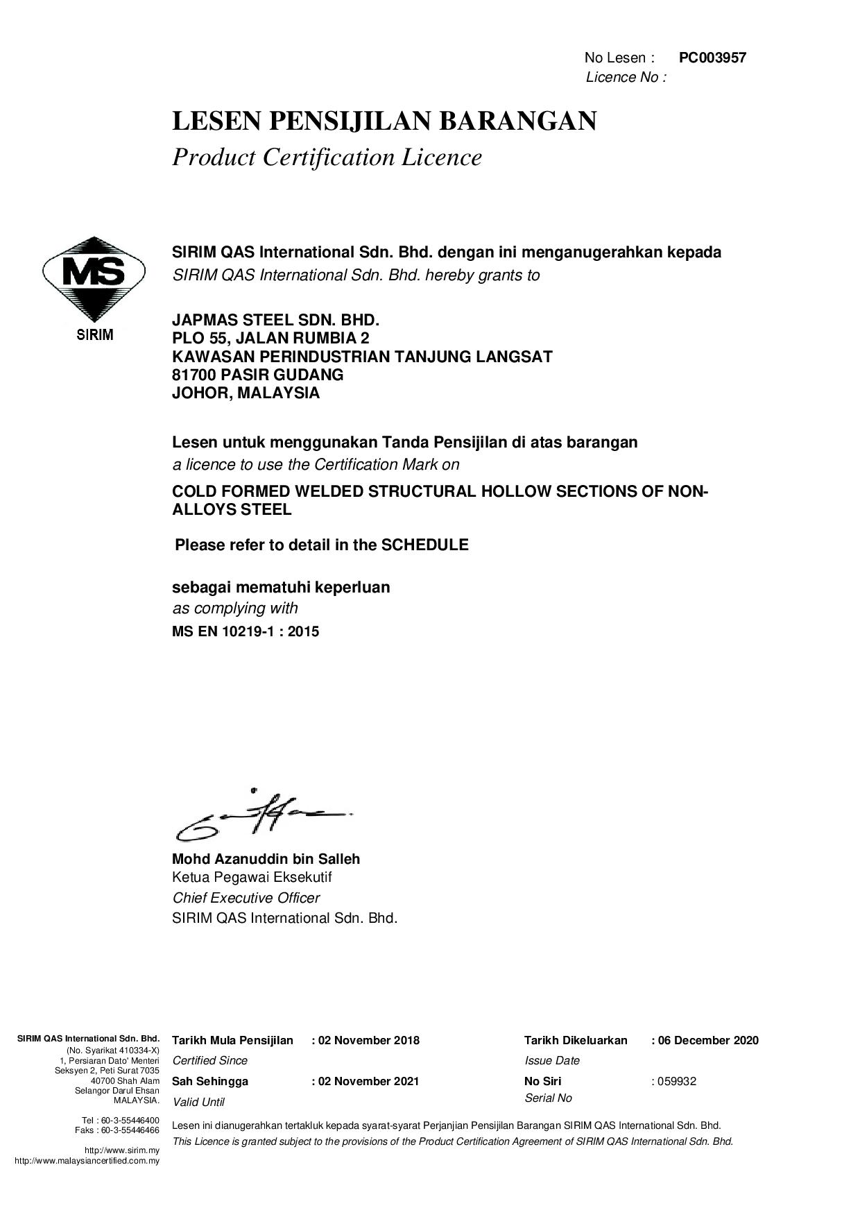 Certificate SIRIM EN 10219-1